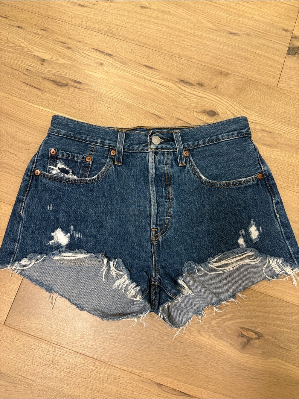 Levi’s High-Waisted Dark Blue Distressed Denim Shorts